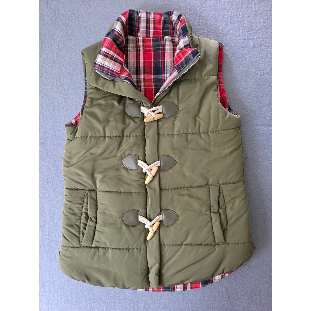 Olive Green Puffer Vest Red Plaid Lining Toggle Closure Medium